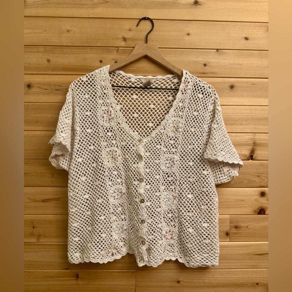 Vintage Teddi Size XL Open Knit Crochet Button Front Coquette Sweater Cardigan